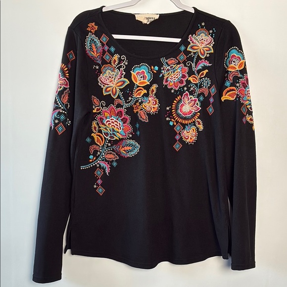 Savanna Jane Tops - Savanna Jane Knit Black Sweater Top with Colorful Floral Embroidery
